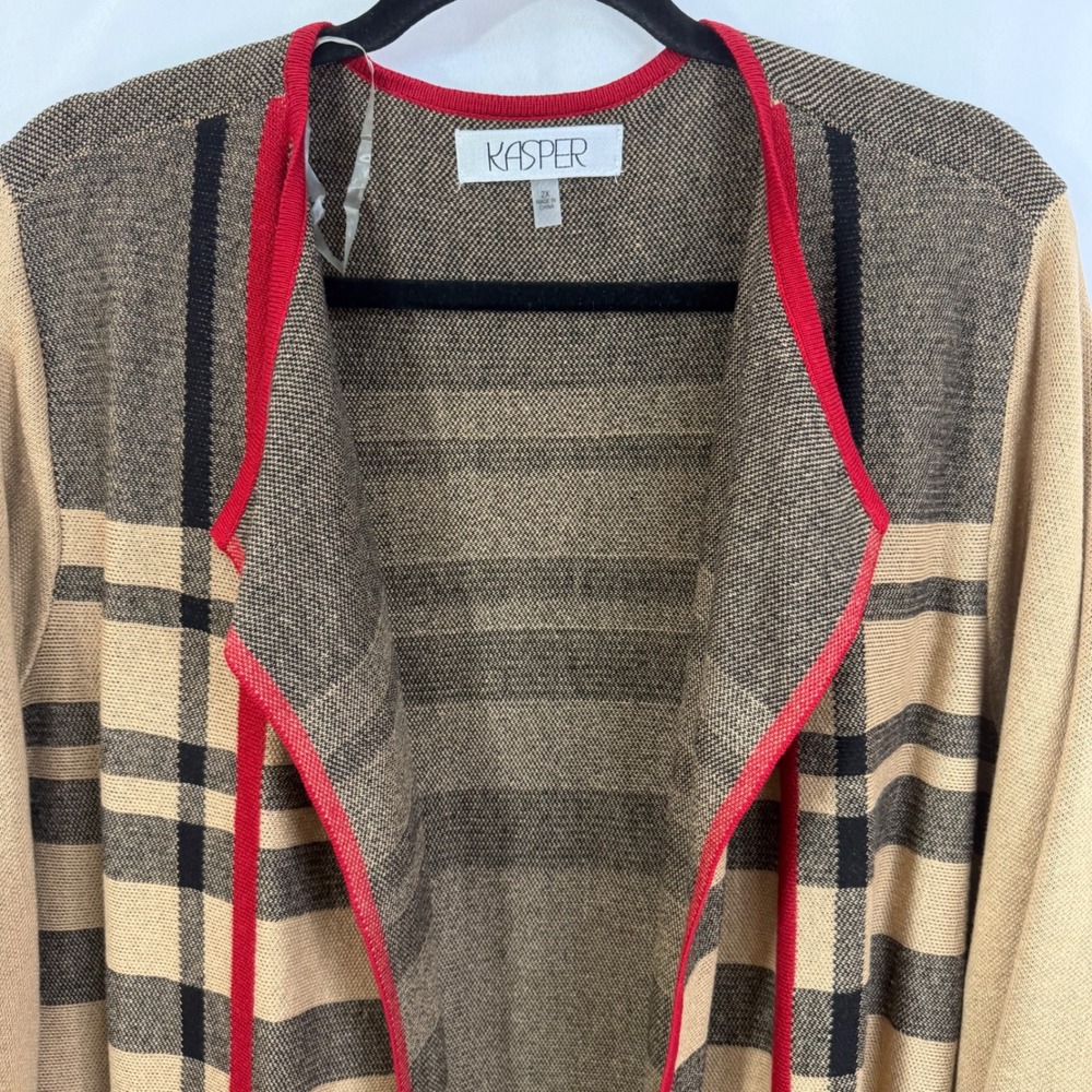 Kasper Women's Plus‎ Size 2X Camel Plaid Open Front Long Cardigan Sweater NWT - Picture 3 of 9
